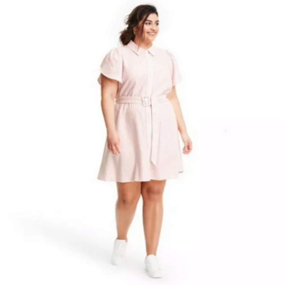 Alexis x Target Dress 4X Linen Striped Tulip Sleeve Shirtdress Pink White Mini